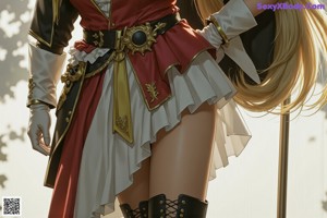 A woman in a red and white dress holding a sword.