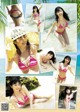 A collage of photos of a woman in a bikini on the beach.