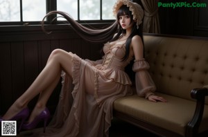 A woman sitting on a couch wearing a dress and hat.