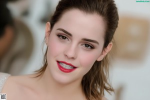 A close up of a woman with a red lipstick.